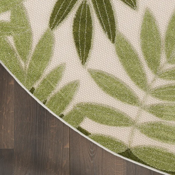 5' Ivory And Green Round Palm Leaf Indoor Outdoor Area Rug