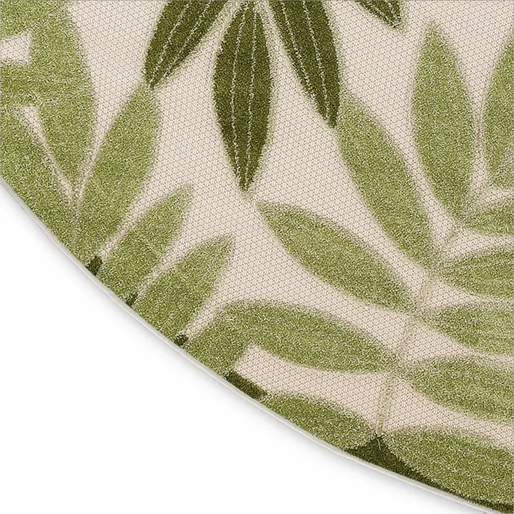 5' Ivory And Green Round Palm Leaf Indoor Outdoor Area Rug