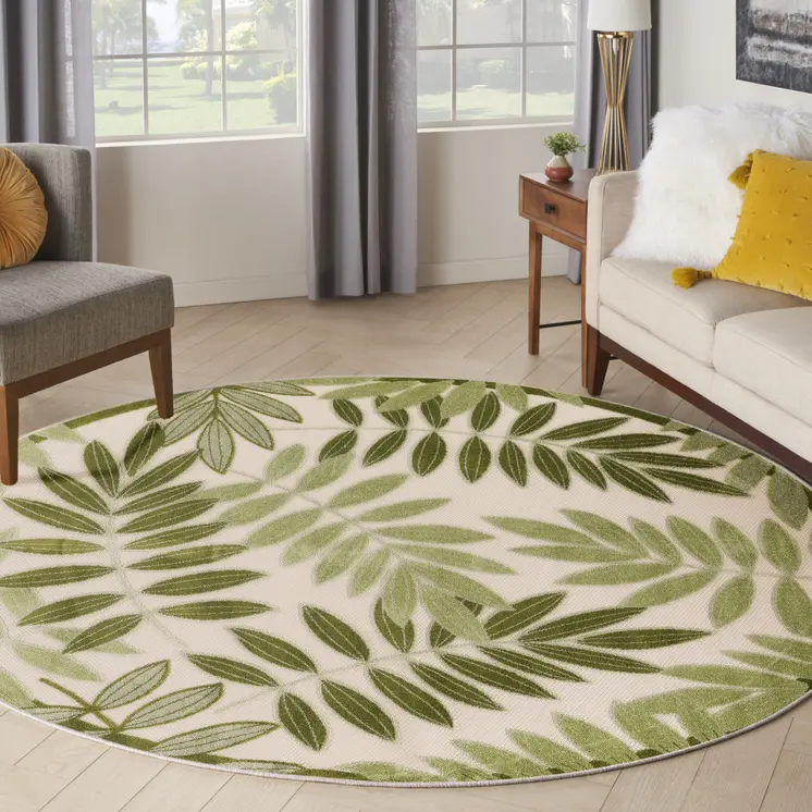 5' Ivory And Green Round Palm Leaf Indoor Outdoor Area Rug