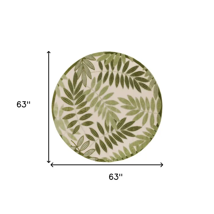 5' Ivory And Green Round Palm Leaf Indoor Outdoor Area Rug
