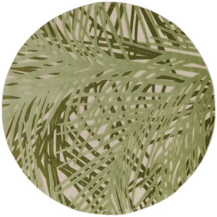 5' Ivory And Green Round Palm Leaf Indoor Outdoor Area Rug