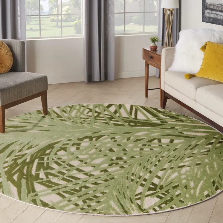 5' Ivory And Green Round Palm Leaf Indoor Outdoor Area Rug