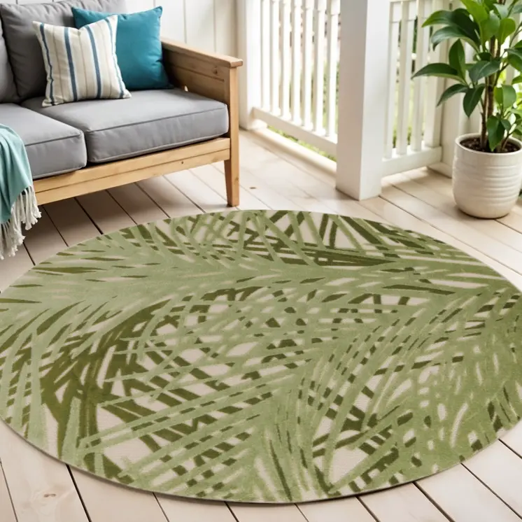 5' Ivory And Green Round Palm Leaf Indoor Outdoor Area Rug