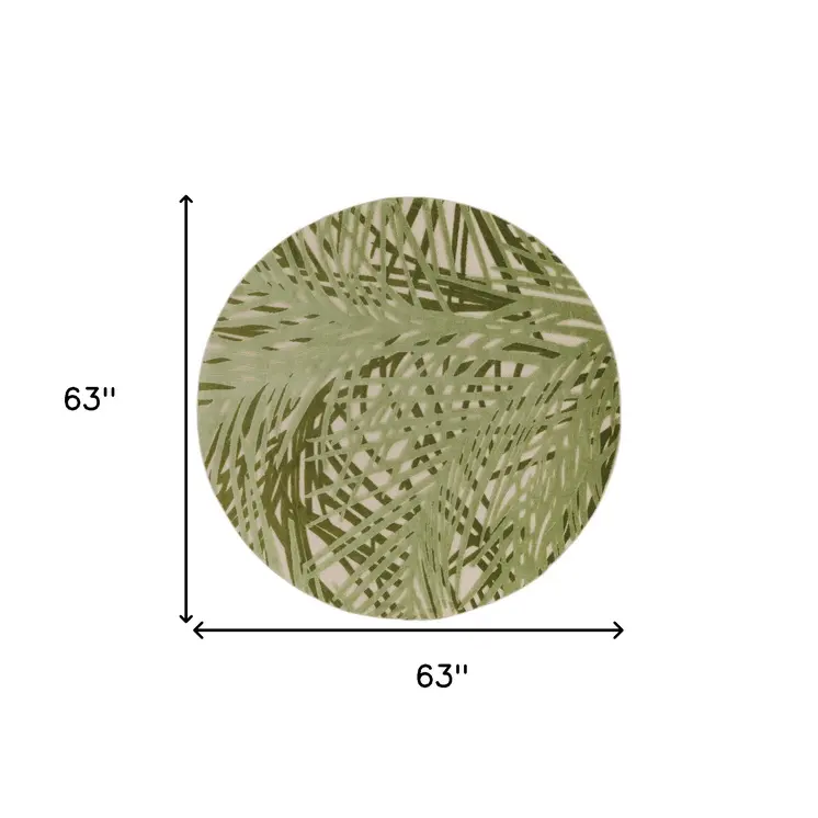 5' Ivory And Green Round Palm Leaf Indoor Outdoor Area Rug