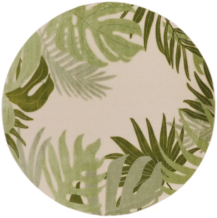 5' Ivory And Green Round Palm Leaf Indoor Outdoor Area Rug