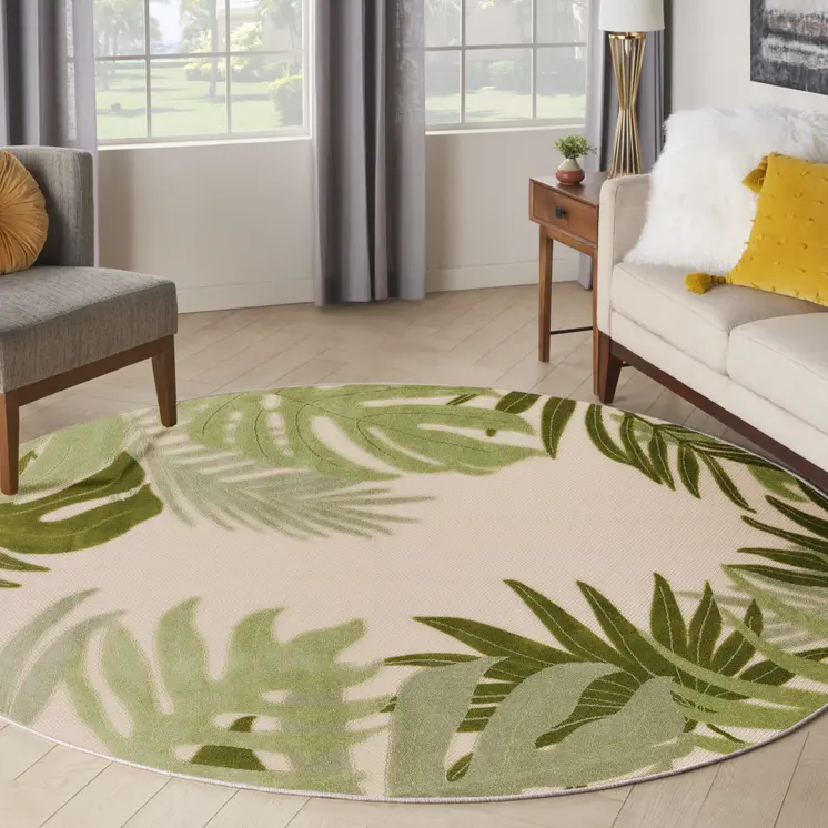 5' Ivory And Green Round Palm Leaf Indoor Outdoor Area Rug