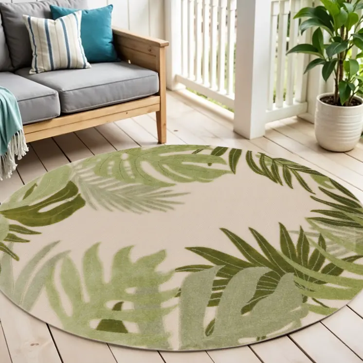 5' Ivory And Green Round Palm Leaf Indoor Outdoor Area Rug