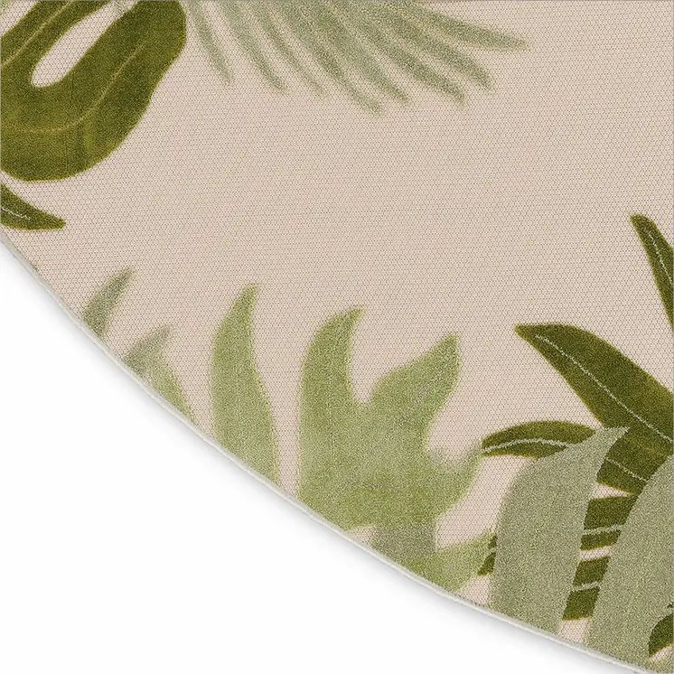 5' Ivory And Green Round Palm Leaf Indoor Outdoor Area Rug