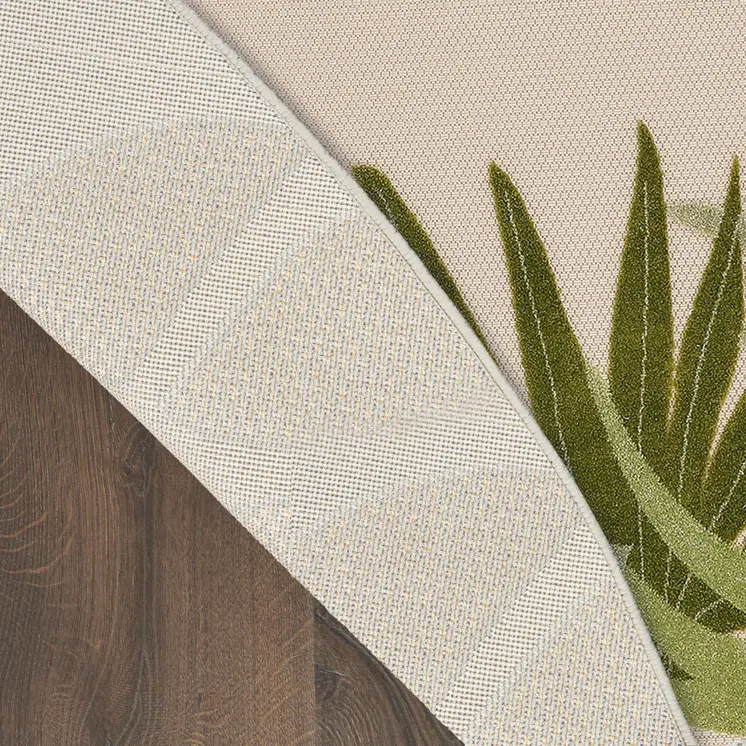 5' Ivory And Green Round Palm Leaf Indoor Outdoor Area Rug