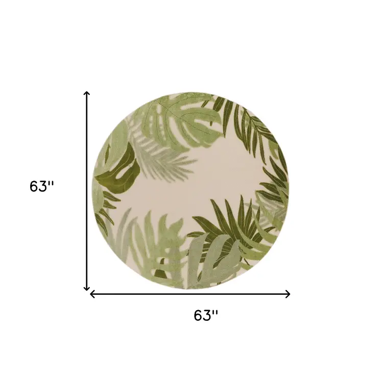 5' Ivory And Green Round Palm Leaf Indoor Outdoor Area Rug