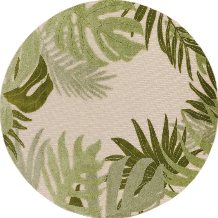 5' Ivory And Green Round Palm Leaf Indoor Outdoor Area Rug