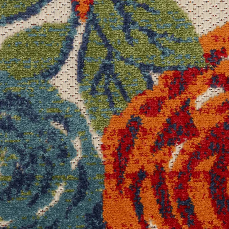 5' Ivory Orange Blue And Green Round Floral Indoor Outdoor Area Rug