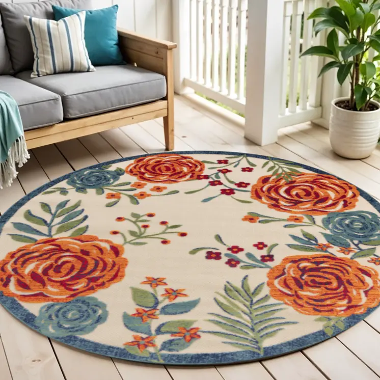 5' Ivory Orange Blue And Green Round Floral Indoor Outdoor Area Rug