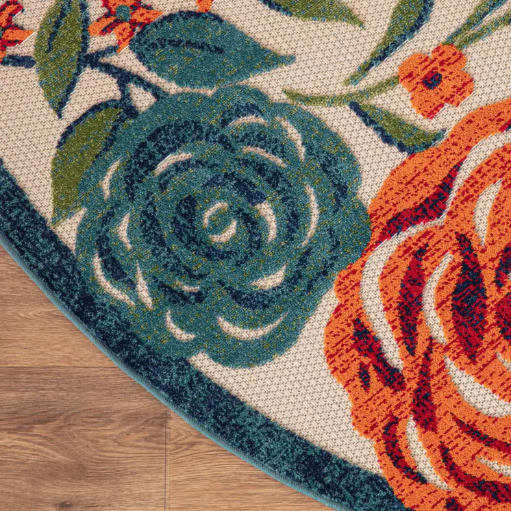 5' Ivory Orange Blue And Green Round Floral Indoor Outdoor Area Rug