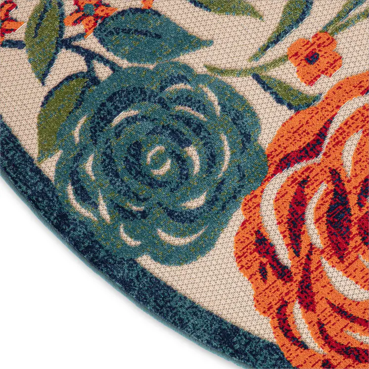 5' Ivory Orange Blue And Green Round Floral Indoor Outdoor Area Rug