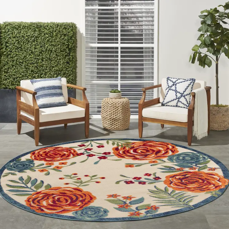 5' Ivory Orange Blue And Green Round Floral Indoor Outdoor Area Rug