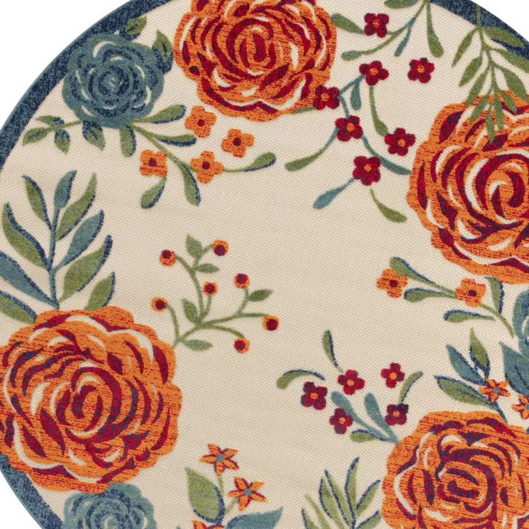 5' Ivory Orange Blue And Green Round Floral Indoor Outdoor Area Rug
