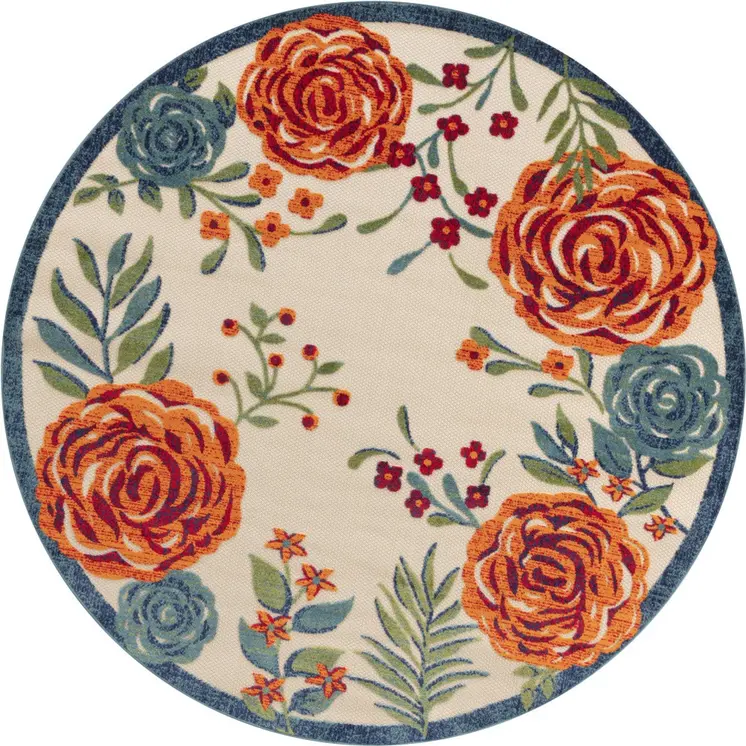 5' Ivory Orange Blue And Green Round Floral Indoor Outdoor Area Rug