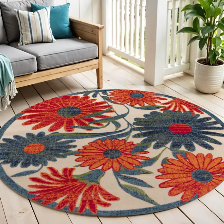 5' Ivory Blue And Orange Round Floral Indoor Outdoor Area Rug