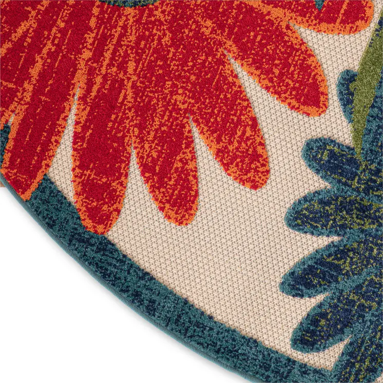 5' Ivory Blue And Orange Round Floral Indoor Outdoor Area Rug
