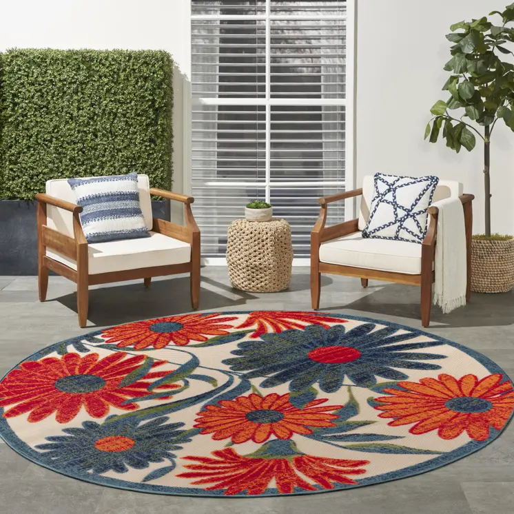 5' Ivory Blue And Orange Round Floral Indoor Outdoor Area Rug