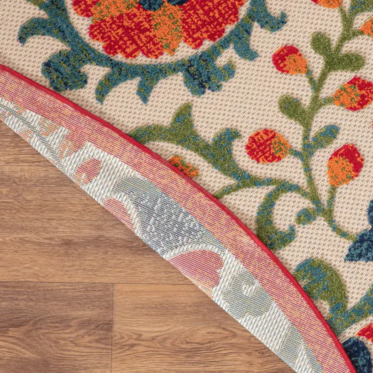 5' Red Gold Teal Blue And Green Round Floral Indoor Outdoor Area Rug