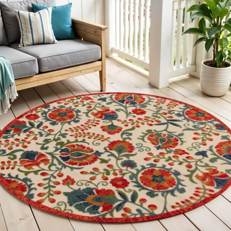 5' Red Gold Teal Blue And Green Round Floral Indoor Outdoor Area Rug