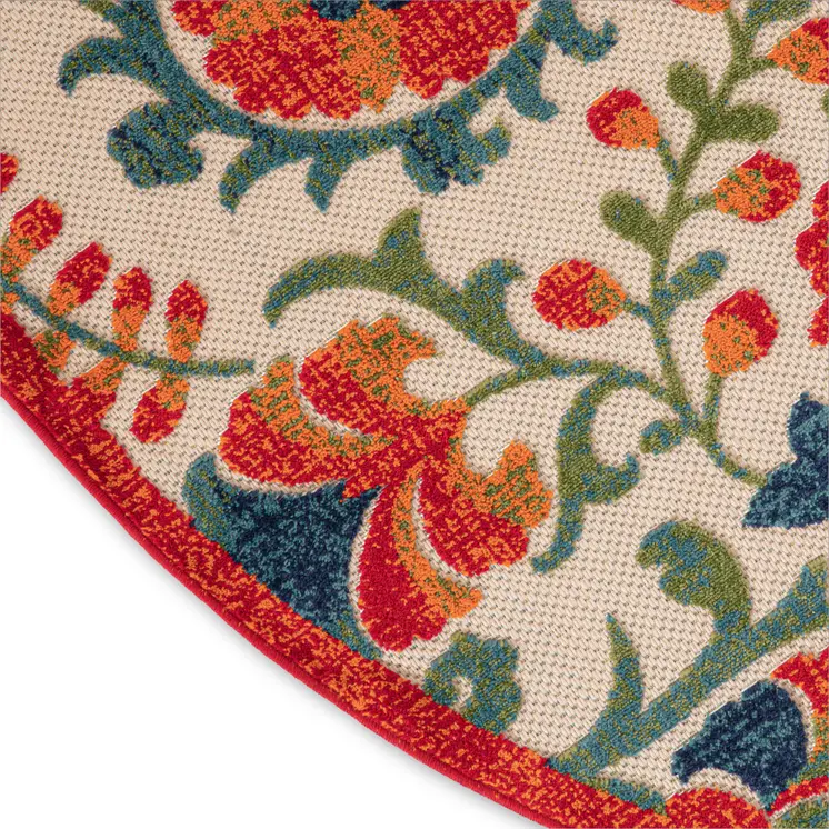 5' Red Gold Teal Blue And Green Round Floral Indoor Outdoor Area Rug