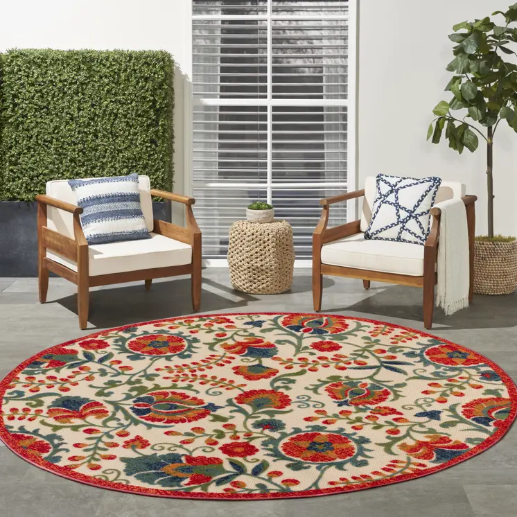 5' Red Gold Teal Blue And Green Round Floral Indoor Outdoor Area Rug