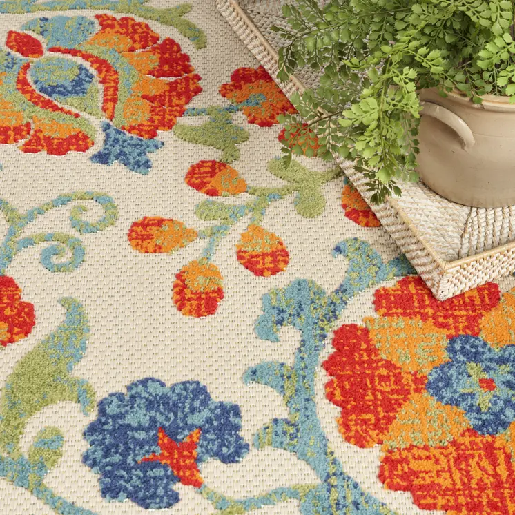 5' Red Gold Teal Blue And Green Round Floral Indoor Outdoor Area Rug