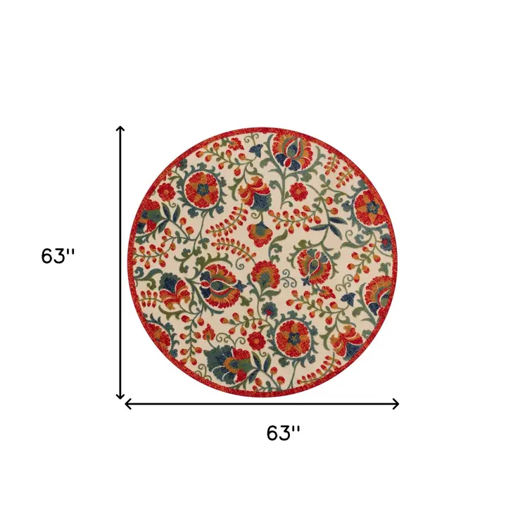 5' Red Gold Teal Blue And Green Round Floral Indoor Outdoor Area Rug