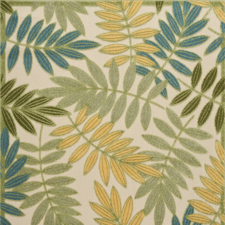 4' X 6' Green Ivory Blue And Yellow Palm Leaf Indoor Outdoor Area Rug