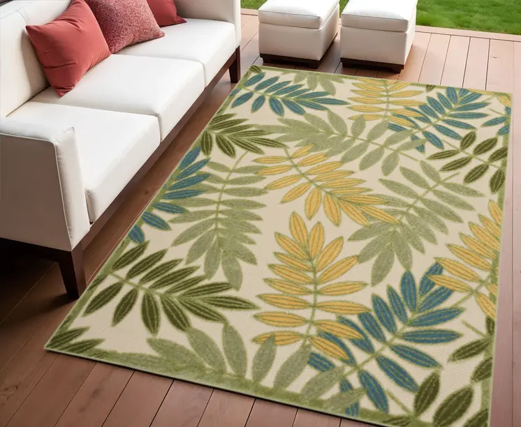 4' X 6' Green Ivory Blue And Yellow Palm Leaf Indoor Outdoor Area Rug