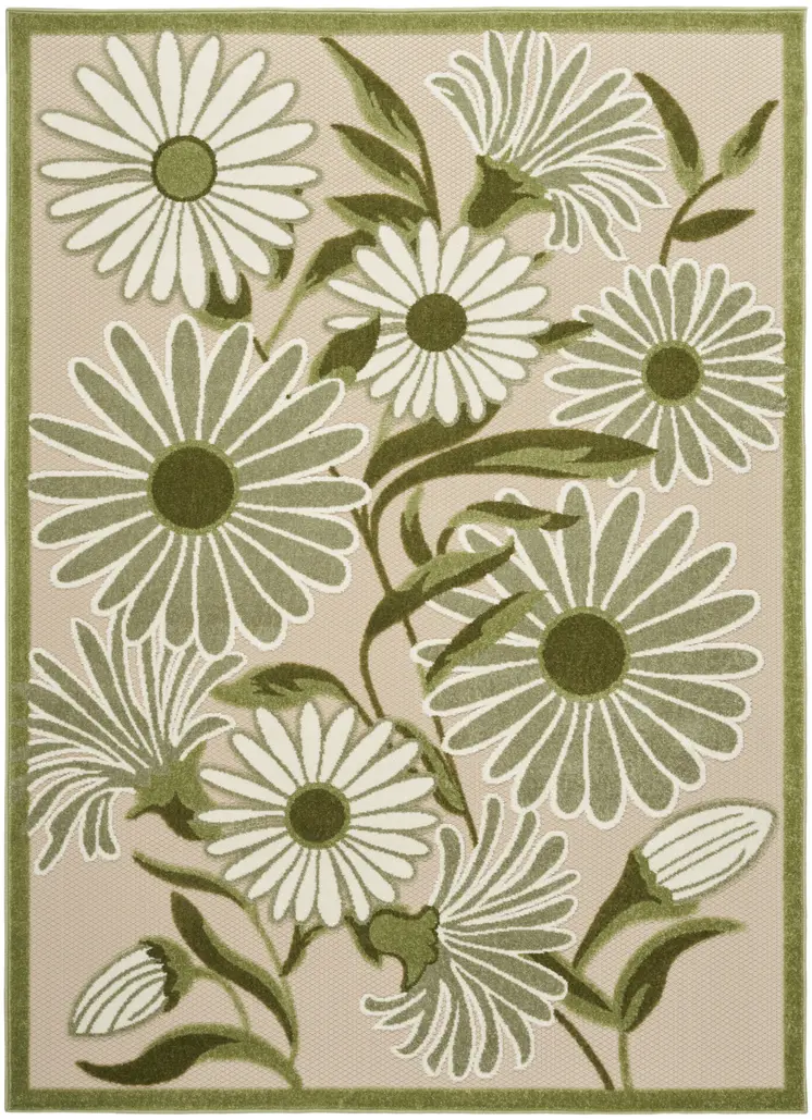 4' X 6' Ivory And Green Floral Indoor Outdoor Area Rug