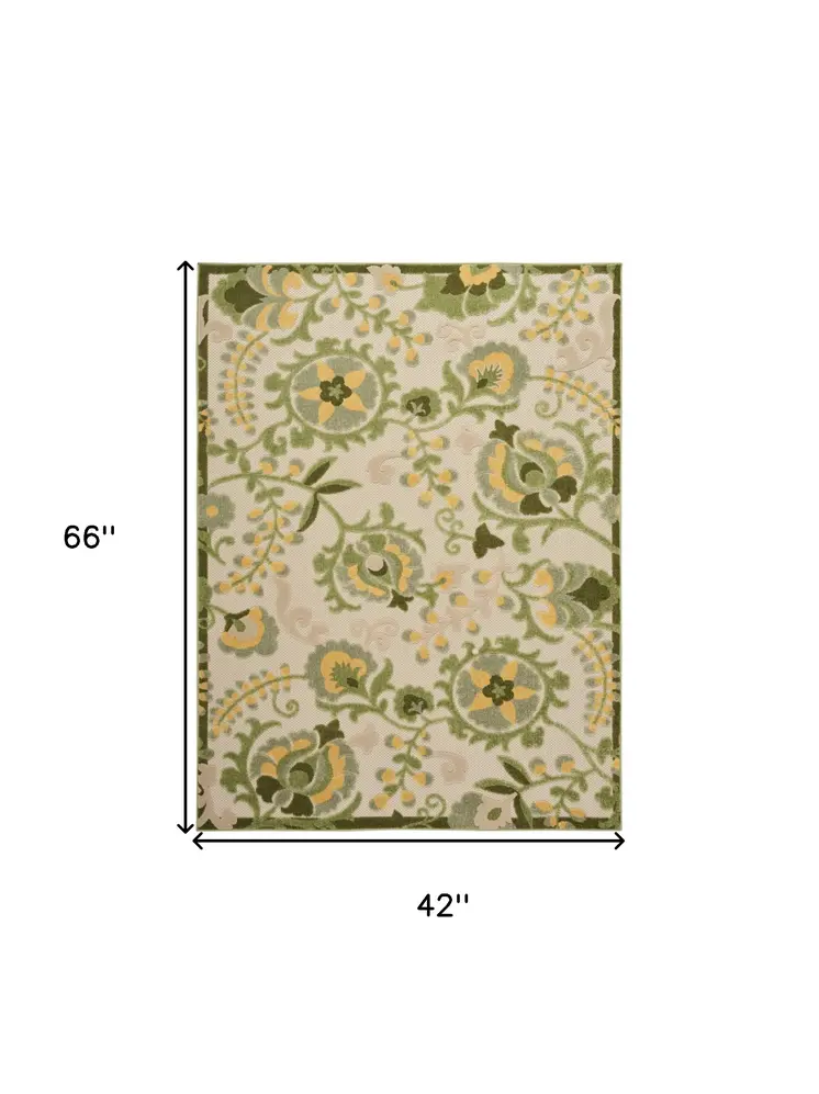 4' X 6' Ivory Green And Yellow Floral Indoor Outdoor Area Rug