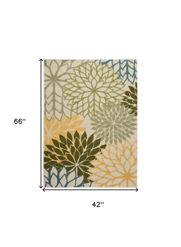 4' X 6' Ivory Green Blue And Yellow Floral Indoor Outdoor Area Rug