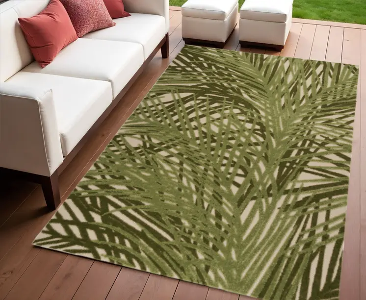4' X 6' Ivory And Green Palm Leaf Indoor Outdoor Area Rug