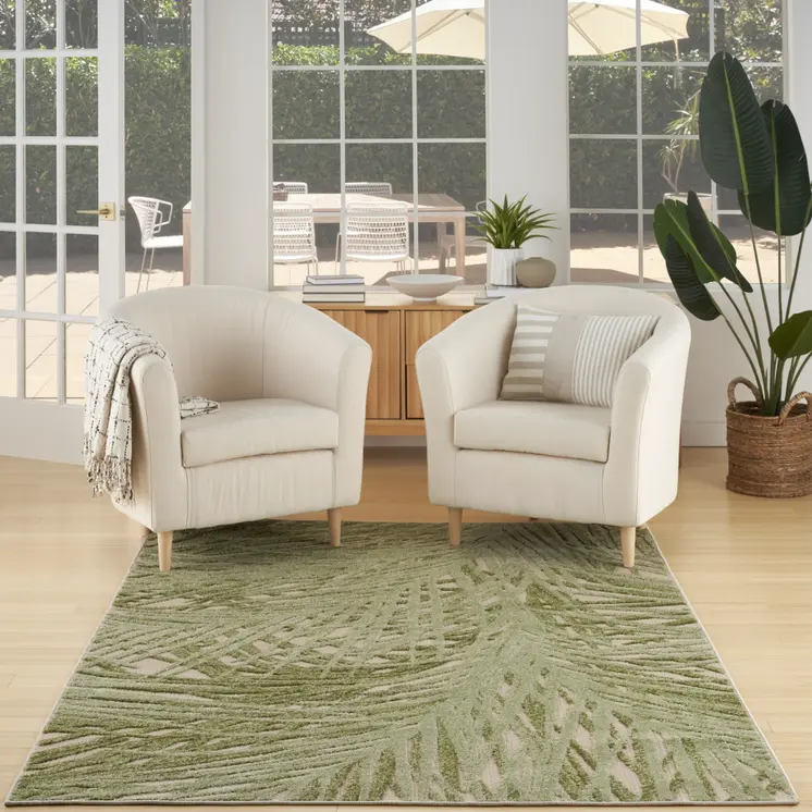 4' X 6' Ivory And Green Palm Leaf Indoor Outdoor Area Rug