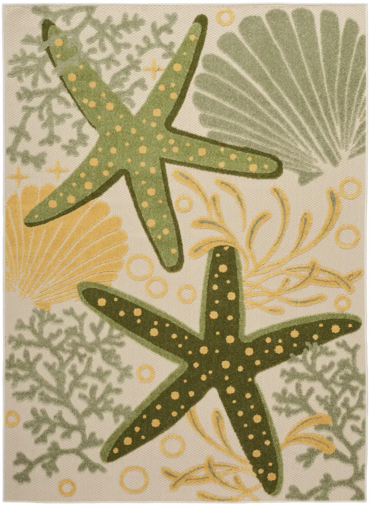 4' X 6' Green And Yellow Starfish Indoor Outdoor Area Rug