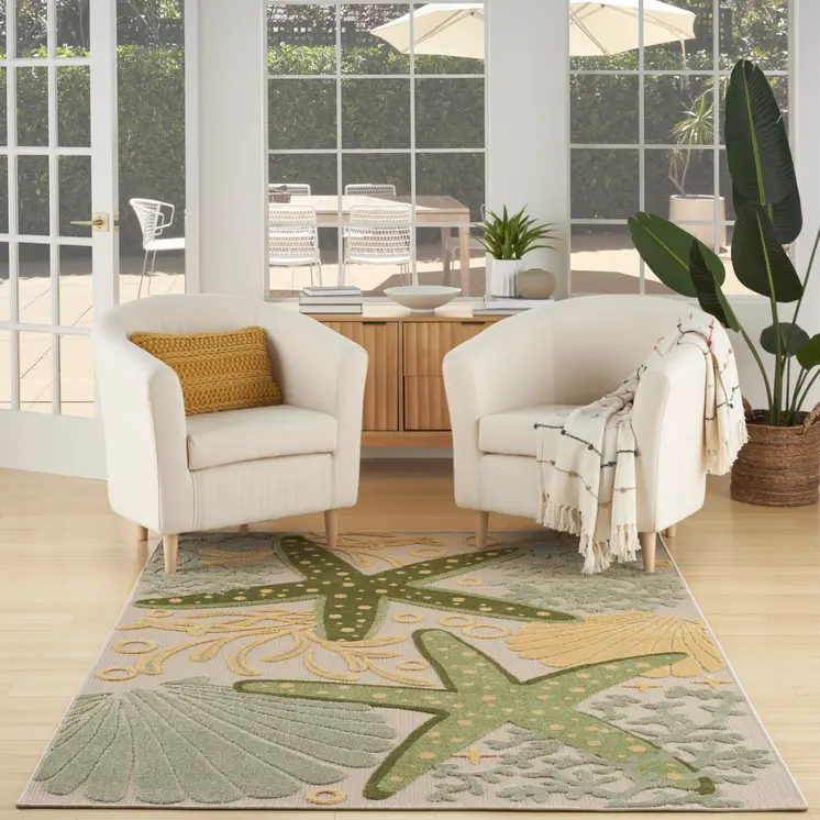 4' X 6' Green And Yellow Starfish Indoor Outdoor Area Rug
