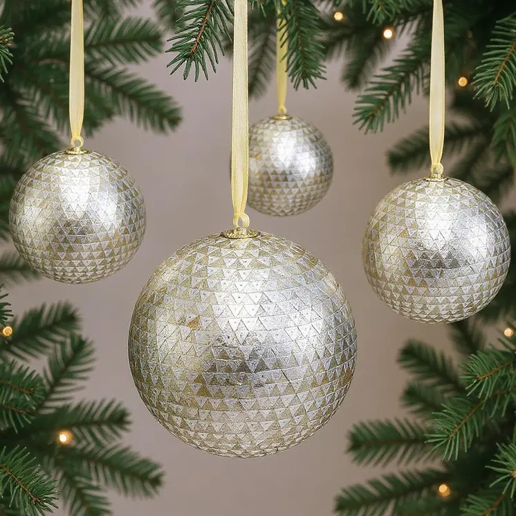 Set of Four Silver And Gold Handcrafted Shatterproof Ball Ornaments