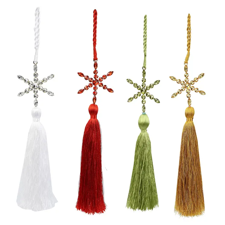 Set of Four Gold Green Red And White Handmade Snowflake With Tassel Ornaments