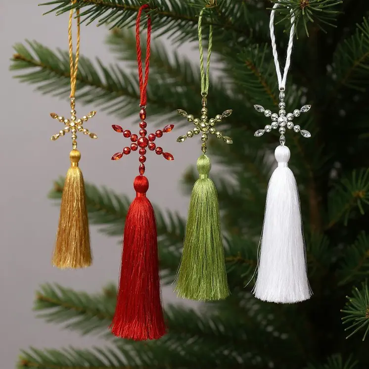 Set of Four Gold Green Red And White Handmade Snowflake With Tassel Ornaments