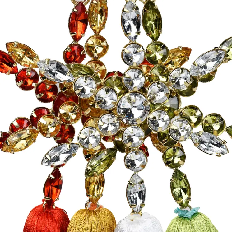 Set of Four Gold Green Red And White Handmade Snowflake With Tassel Ornaments