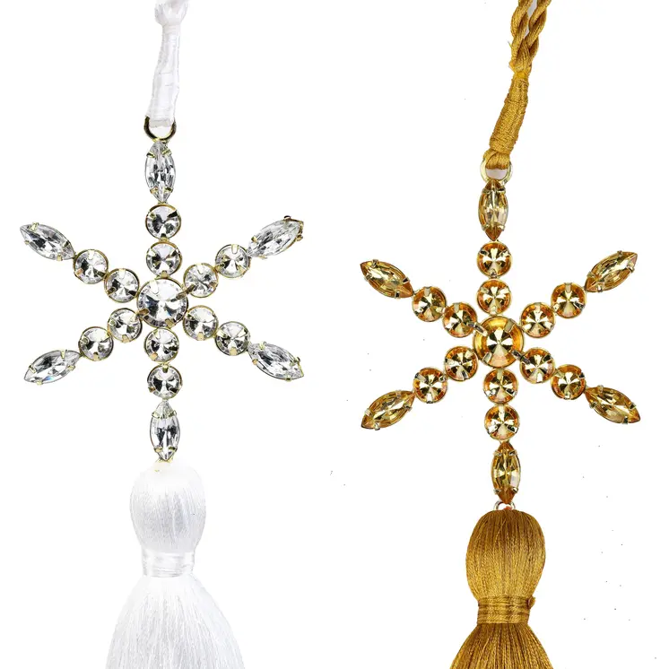 Set of Four Gold Green Red And White Handmade Snowflake With Tassel Ornaments