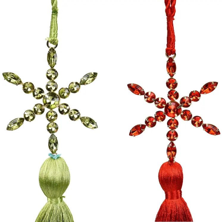 Set of Four Gold Green Red And White Handmade Snowflake With Tassel Ornaments