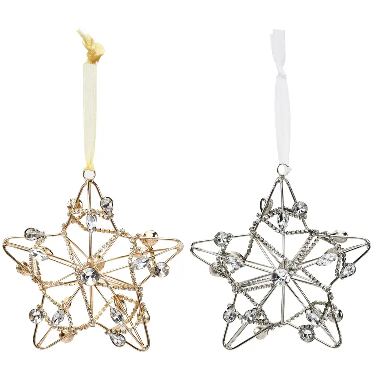 Set of Four Gold And Silver Handmade Faux Crystal And Metal Hanging Star Ornaments