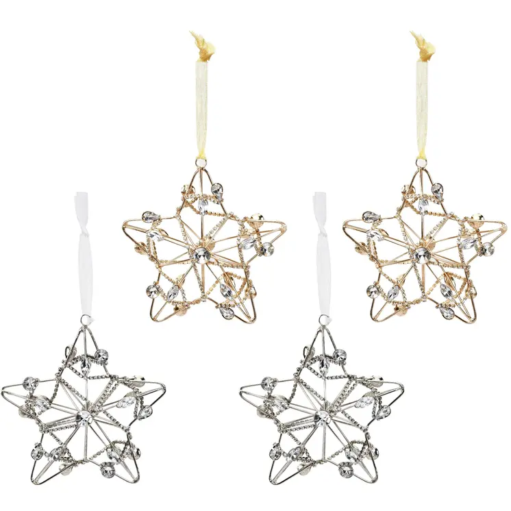 Set of Four Gold And Silver Handmade Faux Crystal And Metal Hanging Star Ornaments