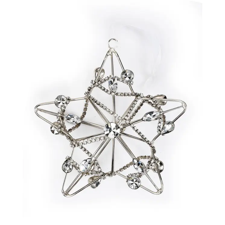 Set of Four Gold And Silver Handmade Faux Crystal And Metal Hanging Star Ornaments