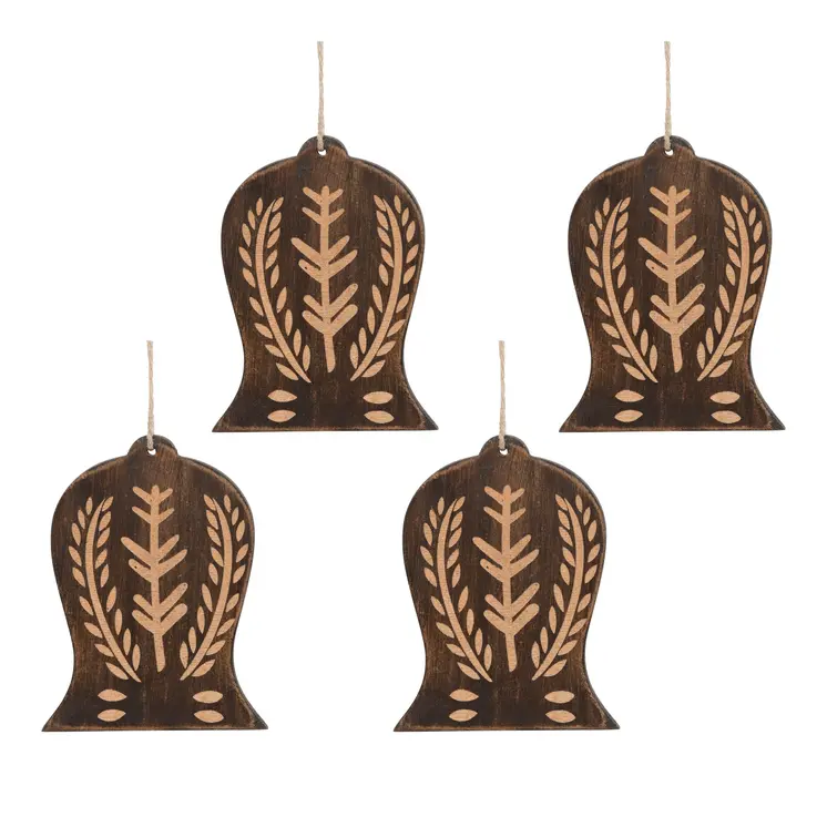Set of Four Brown Handmade Wood Bell Shaped Ornaments
